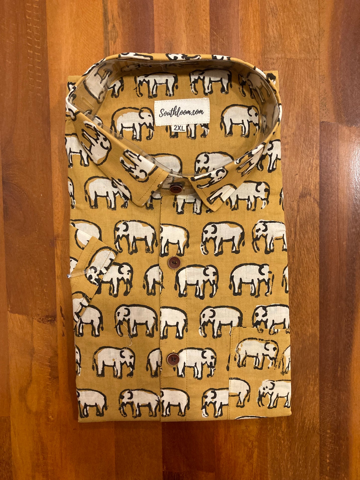 Southloom Jaipur Cotton Yellow Elephant Hand Block Printed Shirt (Half Sleeves)