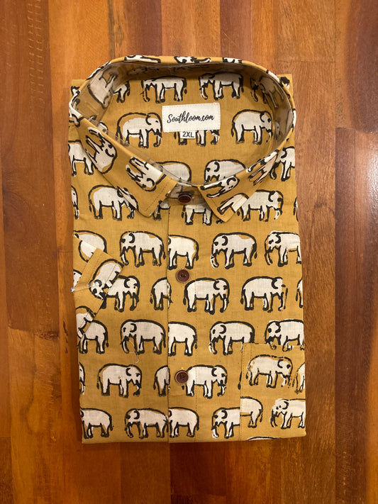 Southloom Jaipur Cotton Yellow Elephant Hand Block Printed Shirt (Half Sleeves)