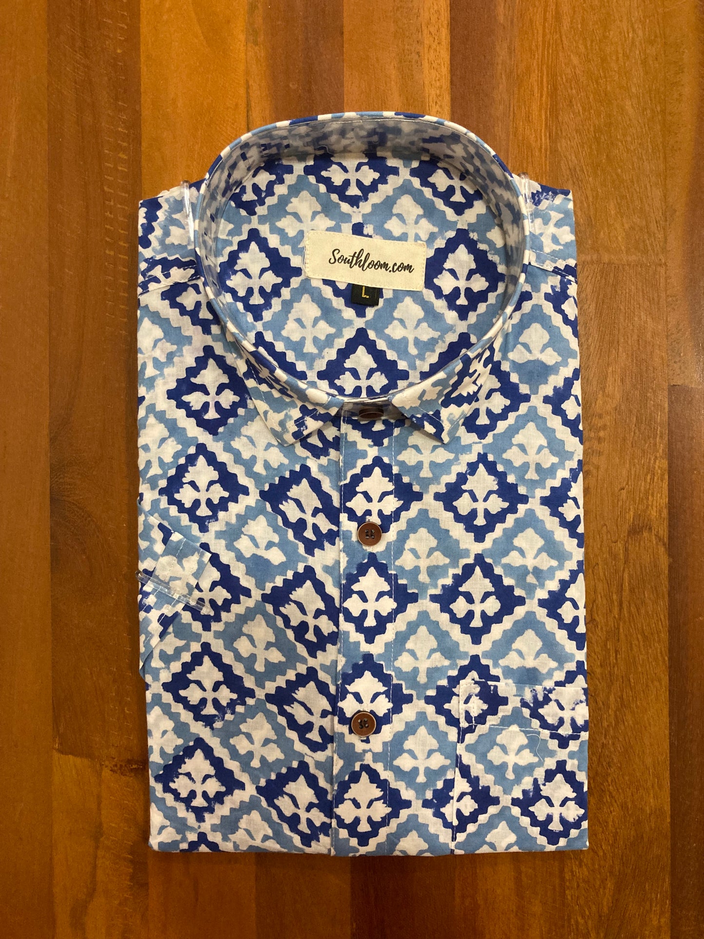 Southloom Jaipur Cotton Blue Hand Block Printed Shirt (Half Sleeves)