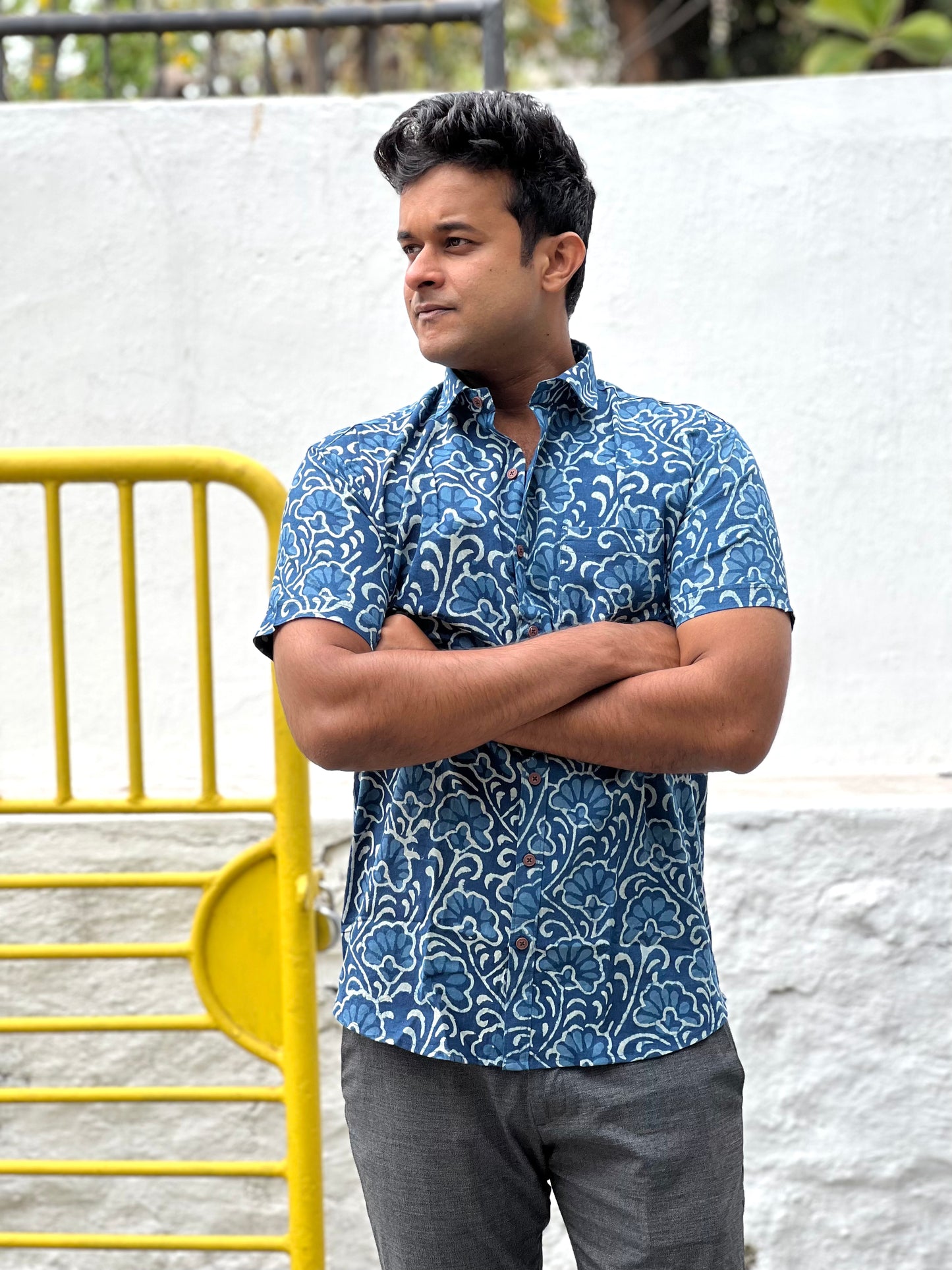 Southloom Jaipur Cotton Blue Hand Block Printed Shirt (Half Sleeves)