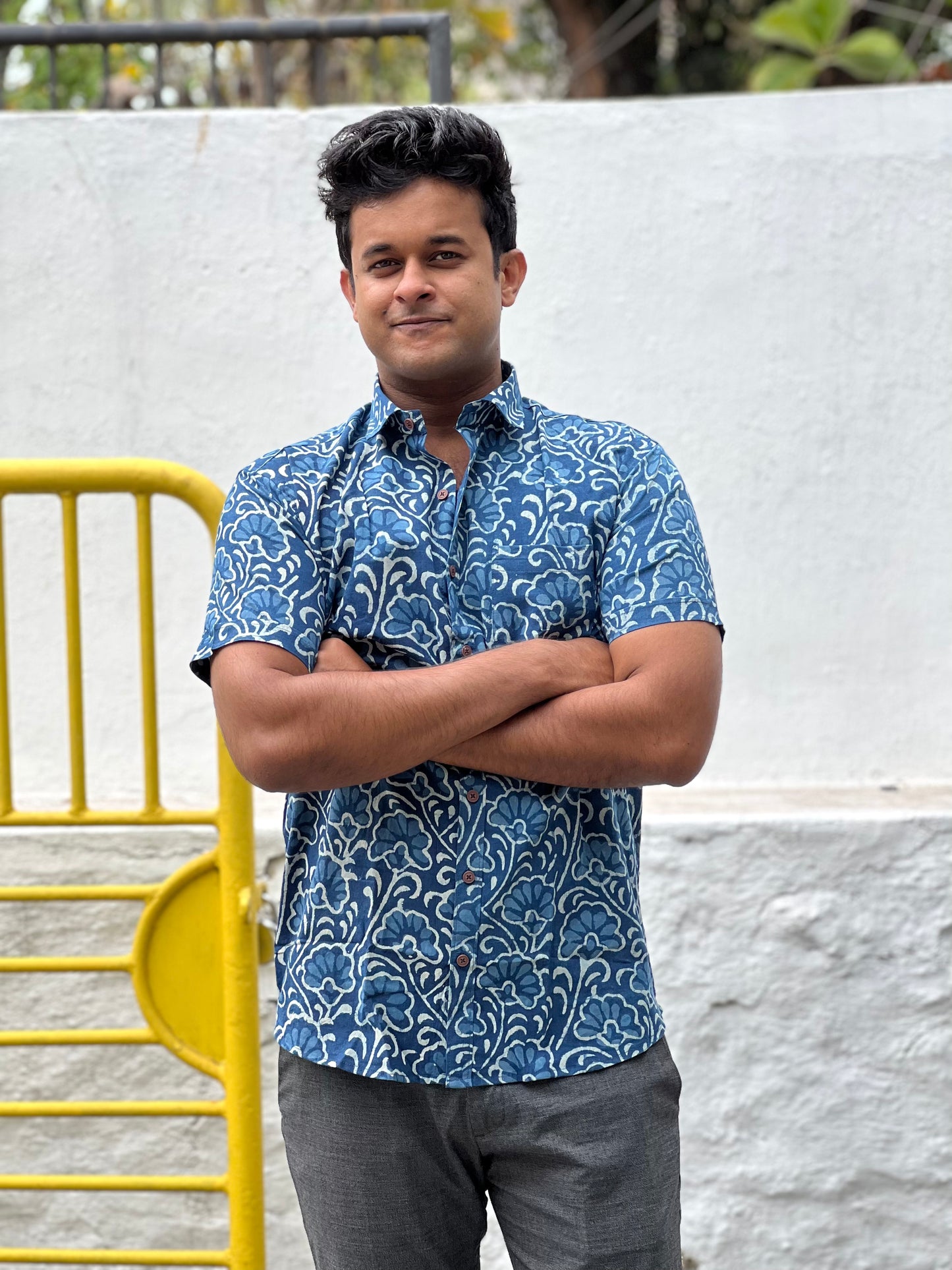 Southloom Jaipur Cotton Blue Hand Block Printed Shirt (Half Sleeves)