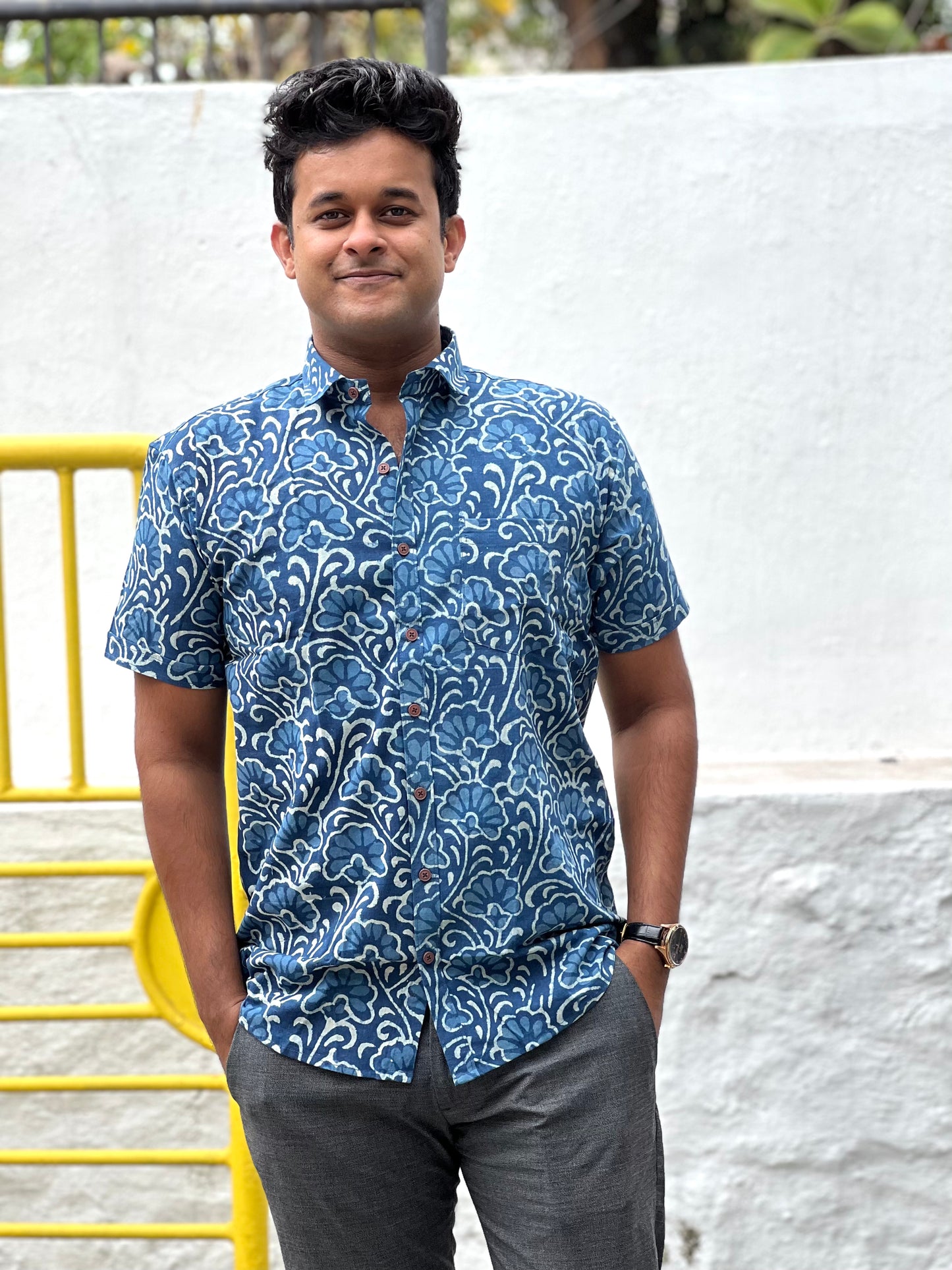 Southloom Jaipur Cotton Blue Hand Block Printed Shirt (Half Sleeves)