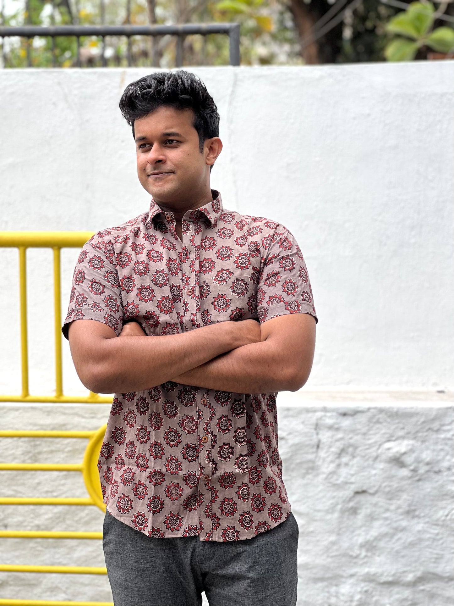 Southloom Jaipur Cotton Grey Hand Block Printed Shirt (Half Sleeves)