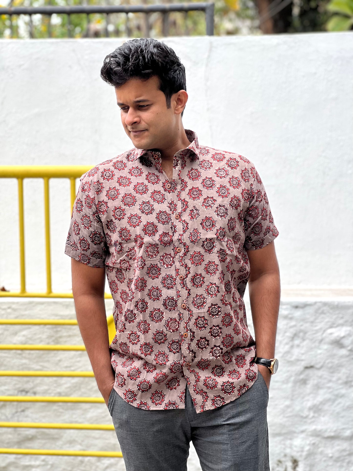 Southloom Jaipur Cotton Grey Hand Block Printed Shirt (Half Sleeves)