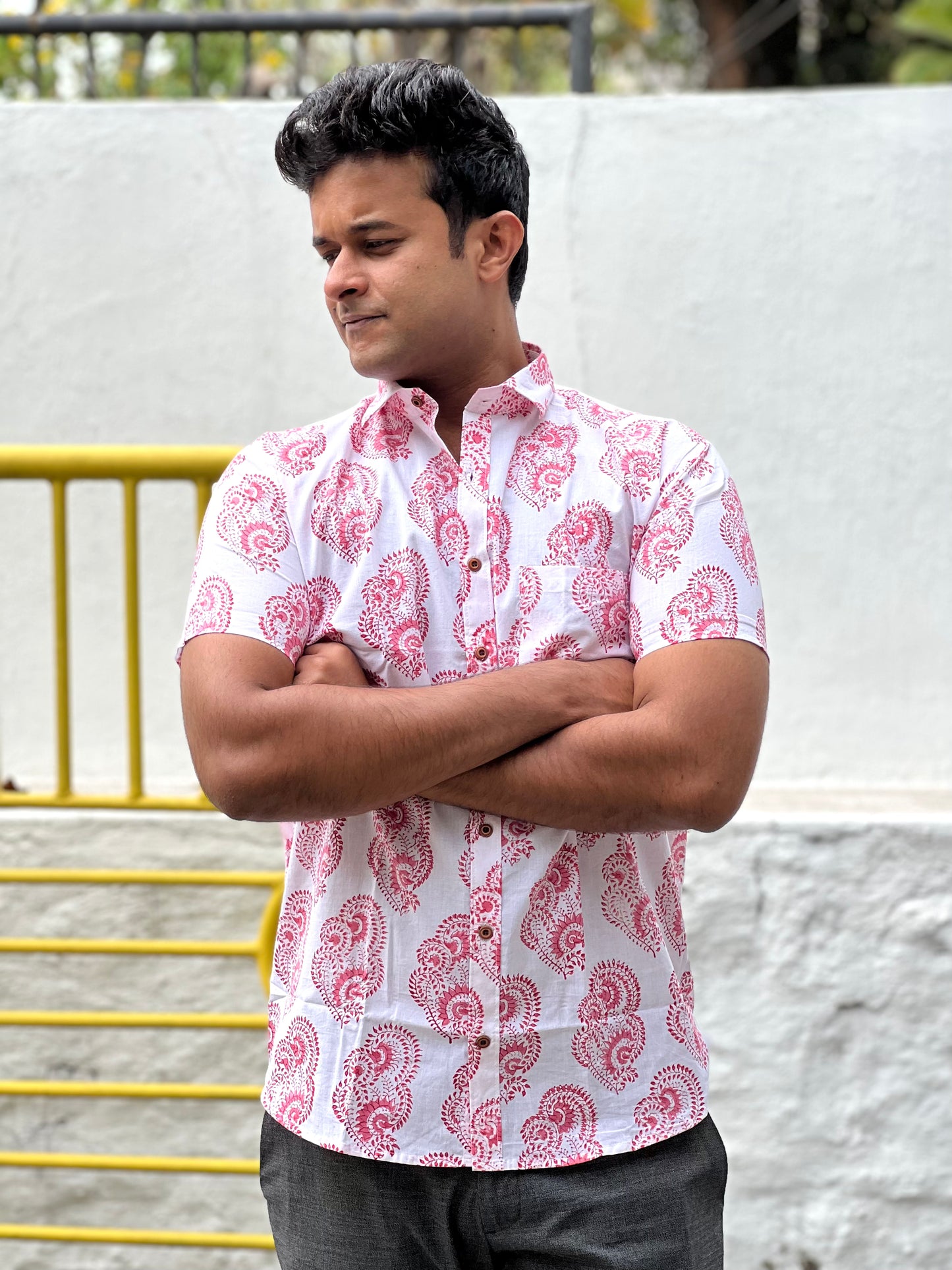 Southloom Jaipur Cotton White Hand Block Printed Shirt (Half Sleeves)