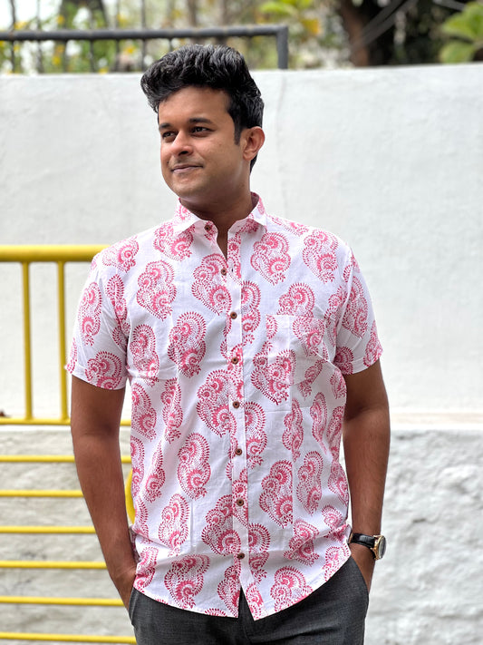 Southloom Jaipur Cotton White Hand Block Printed Shirt (Half Sleeves)