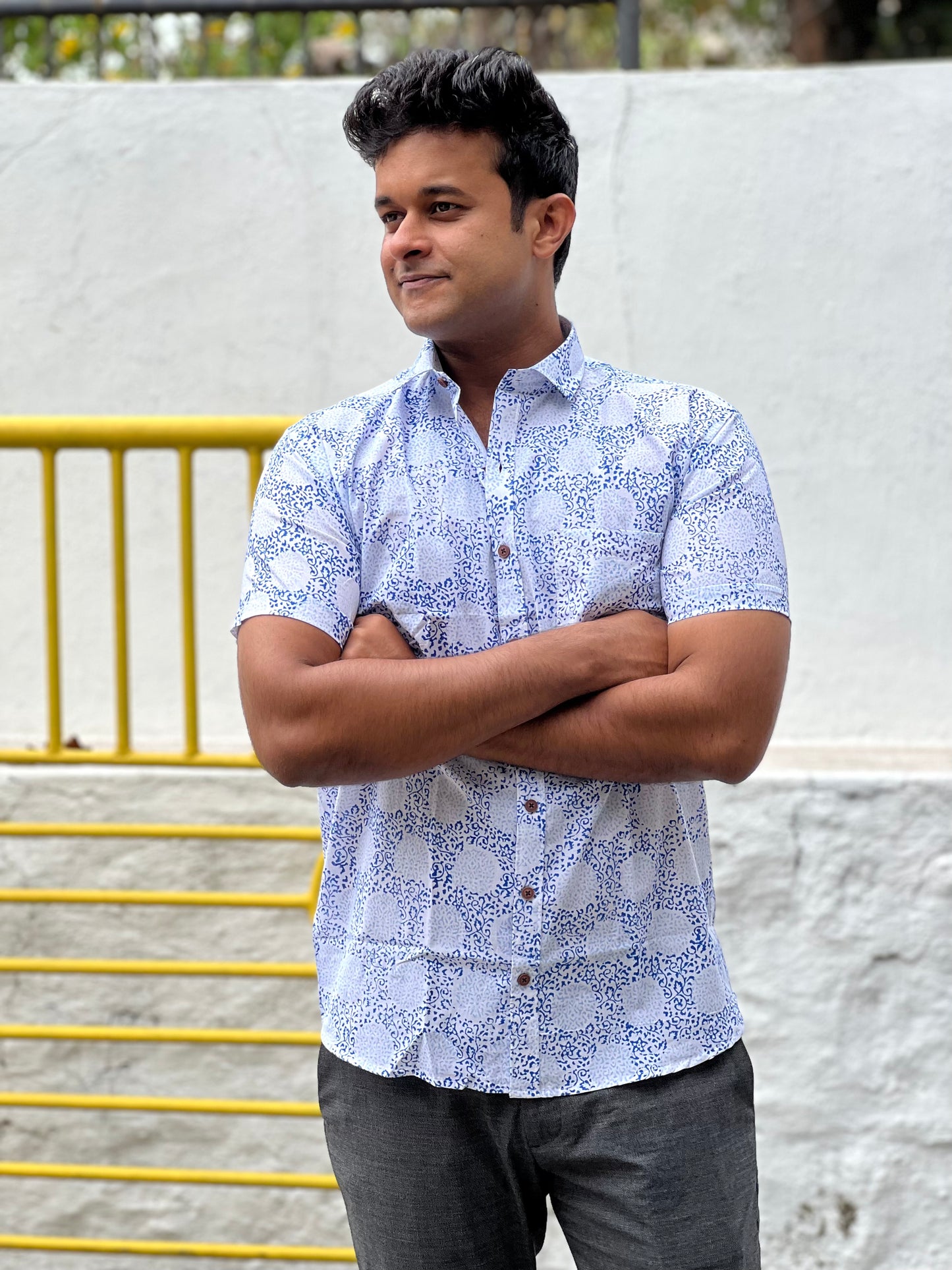 Southloom Jaipur Cotton White With Blue Hand Block Printed Shirt (Half Sleeves)