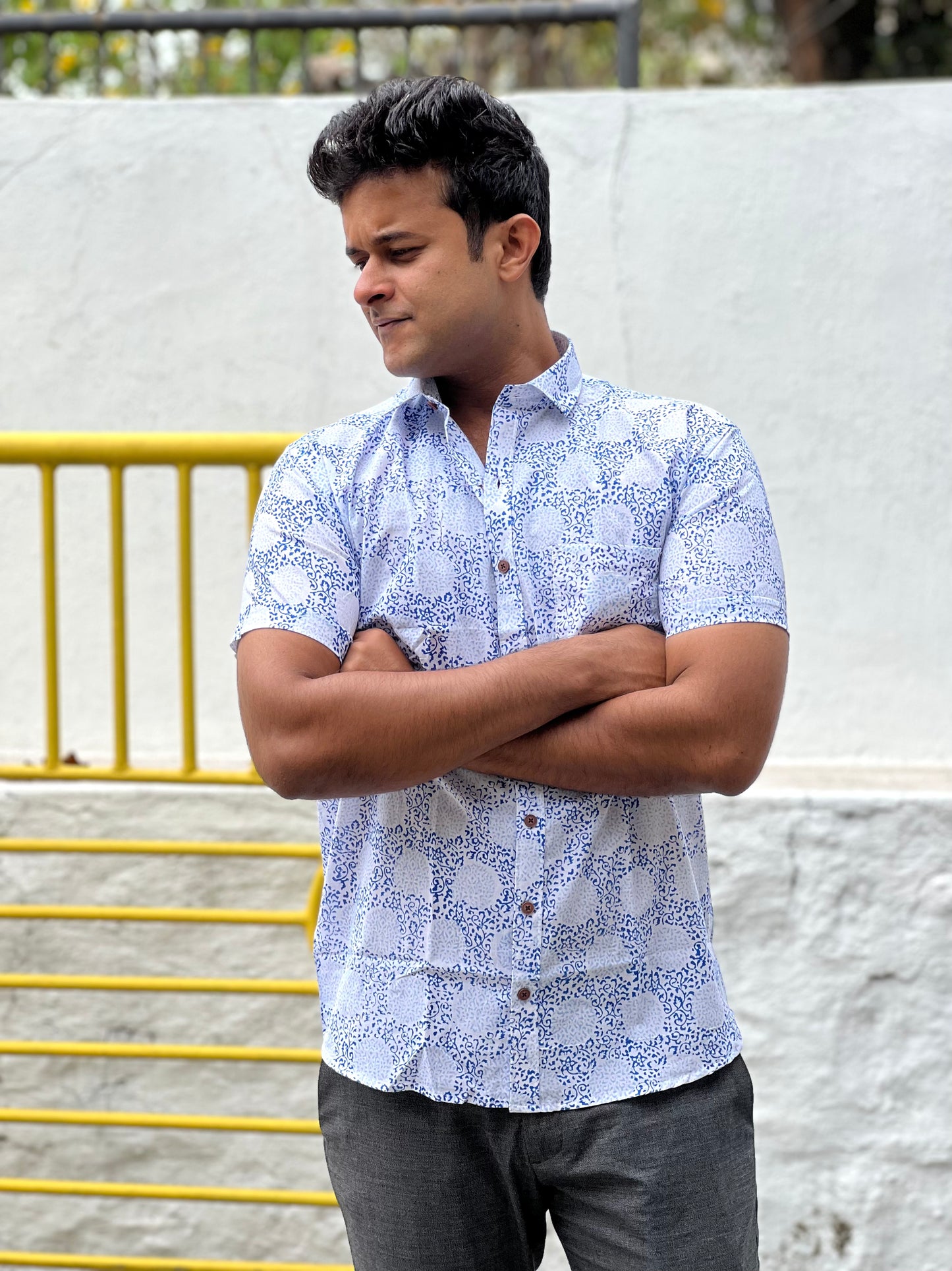 Southloom Jaipur Cotton White With Blue Hand Block Printed Shirt (Half Sleeves)