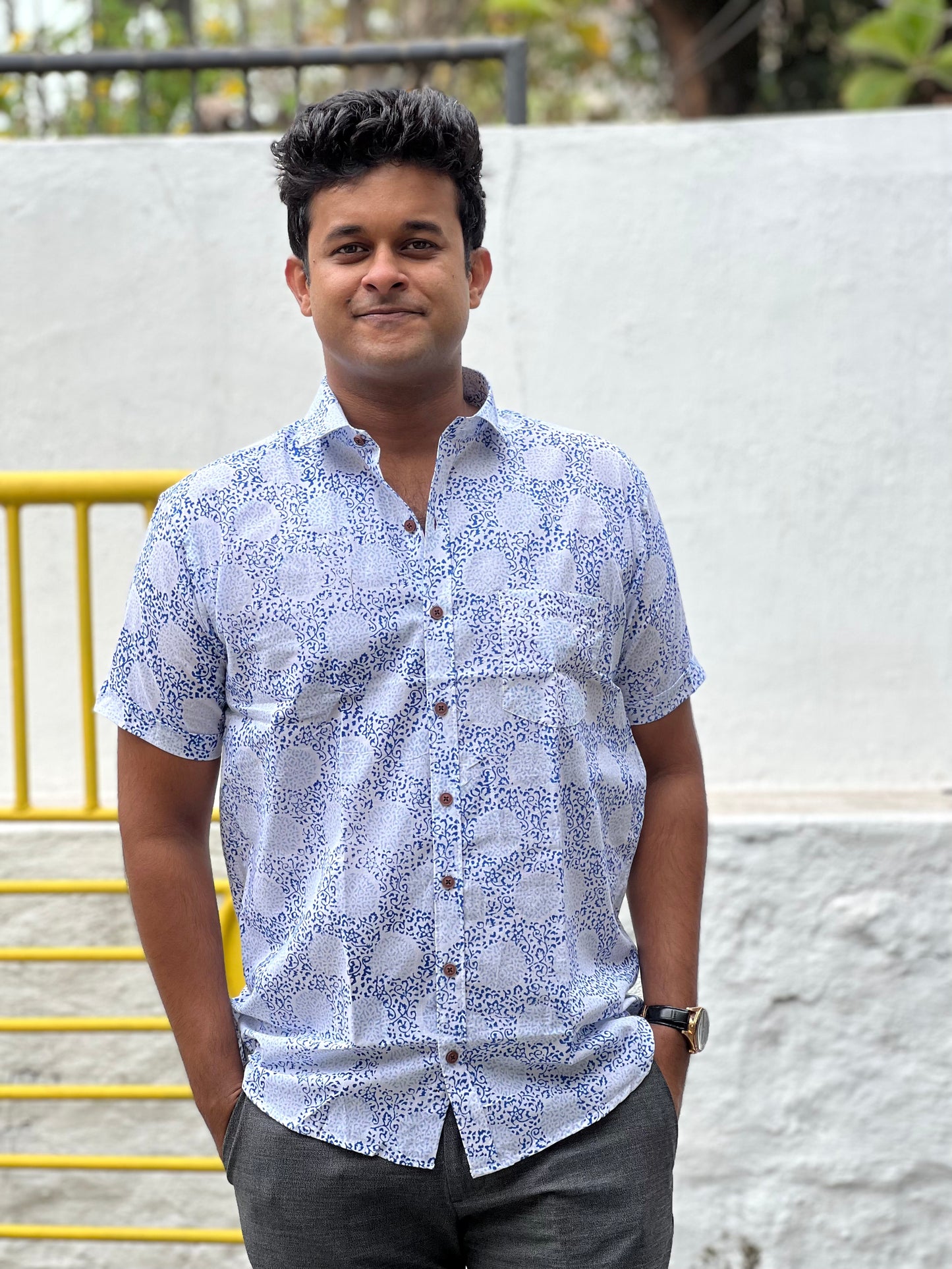 Southloom Jaipur Cotton White With Blue Hand Block Printed Shirt (Half Sleeves)