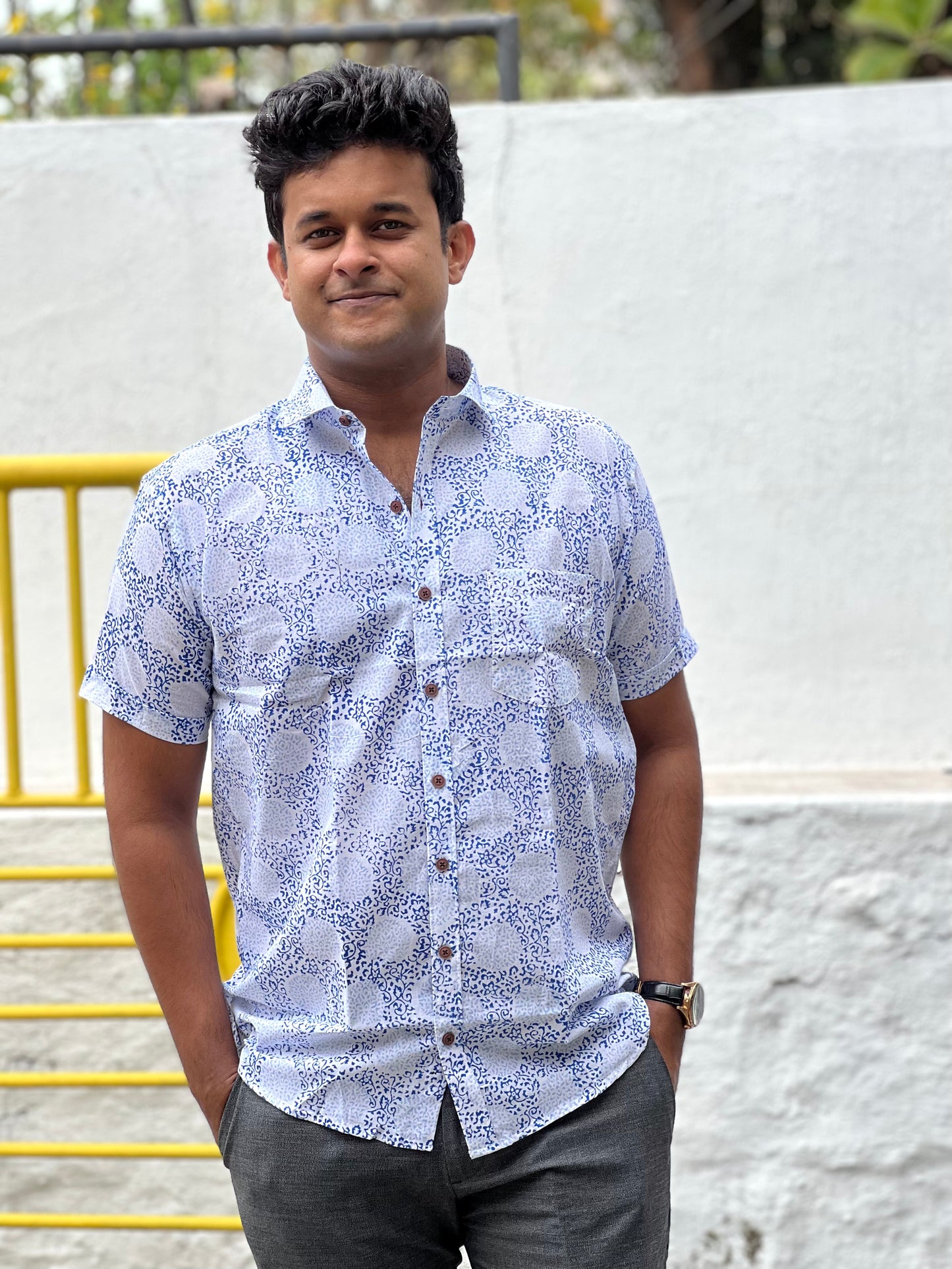 Southloom Jaipur Cotton White With Blue Hand Block Printed Shirt (Half Sleeves)