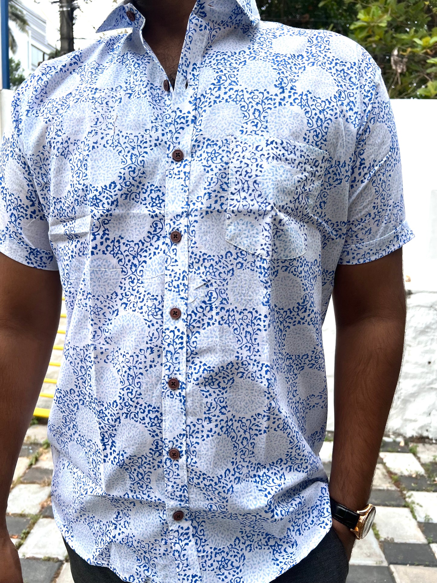 Southloom Jaipur Cotton White With Blue Hand Block Printed Shirt (Half Sleeves)