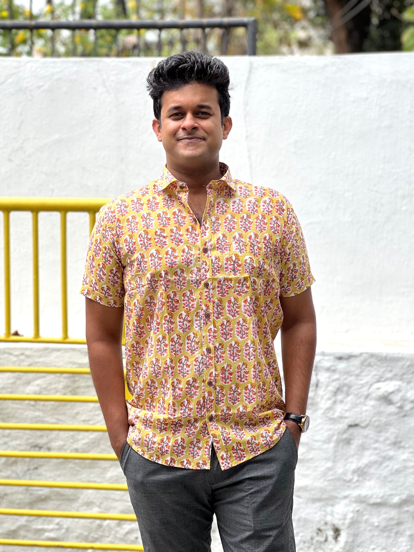 Southloom Jaipur Cotton Yellow Floral Hand Block Printed Shirt (Half Sleeves)