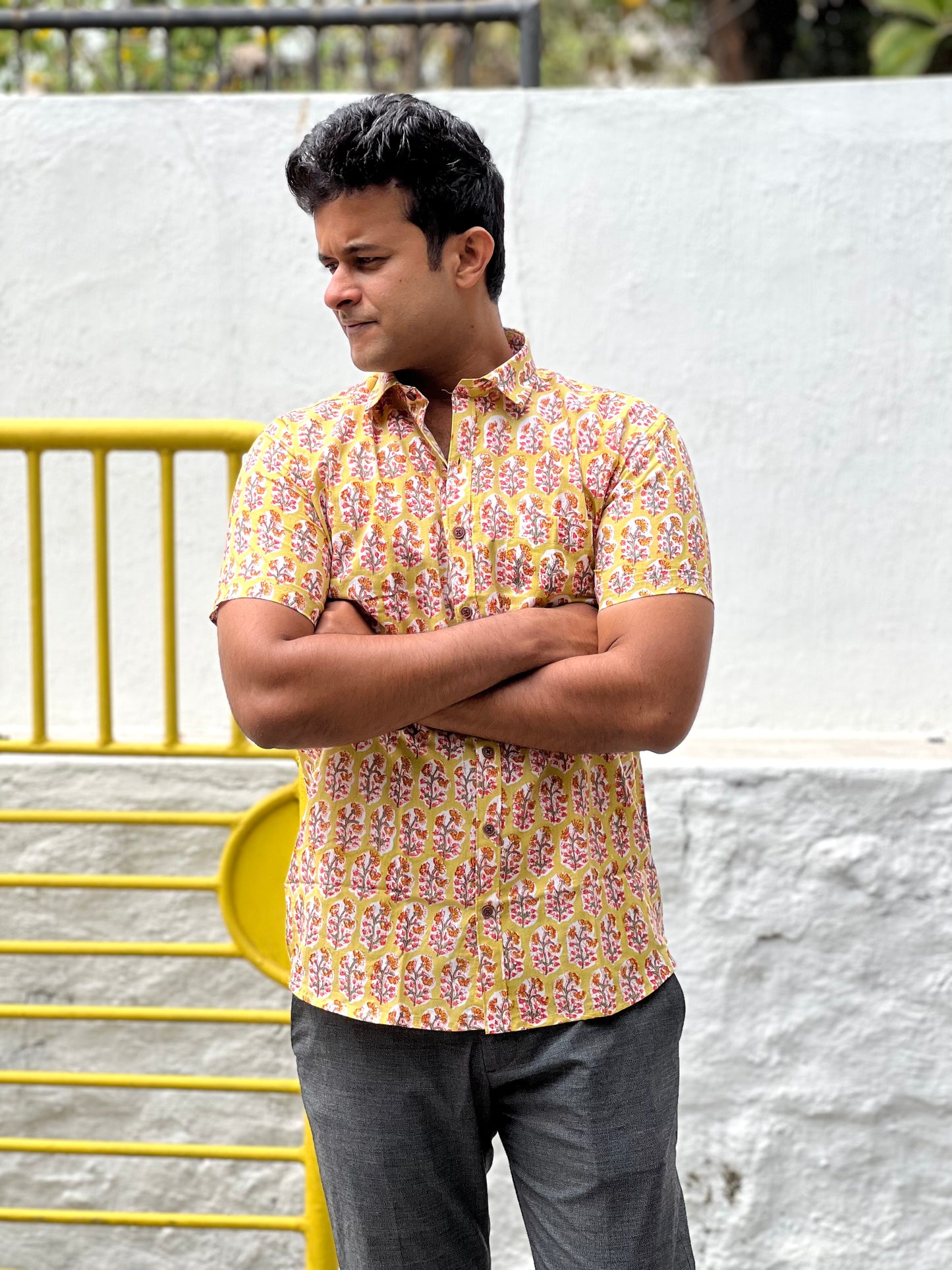 Southloom Jaipur Cotton Yellow Floral Hand Block Printed Shirt (Half Sleeves)