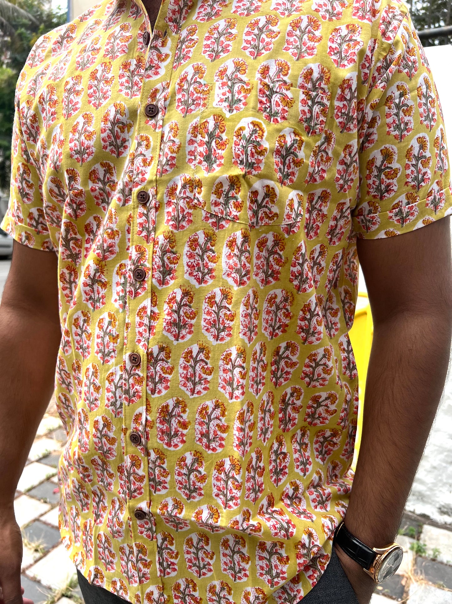 Southloom Jaipur Cotton Yellow Floral Hand Block Printed Shirt (Half Sleeves)