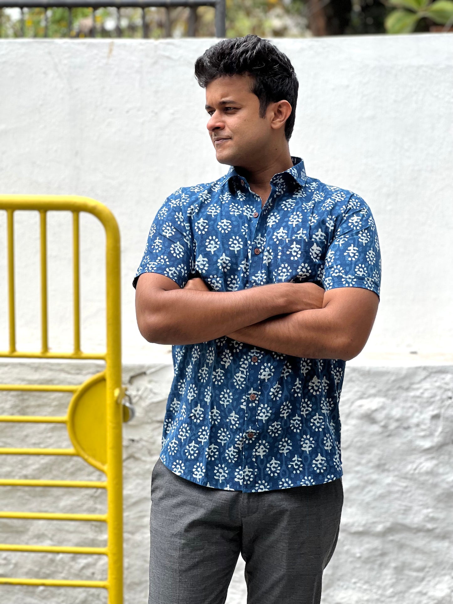 Southloom Jaipur Cotton Blue Hand Block Printed Shirt (Half Sleeves)