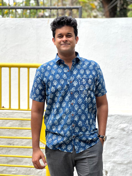 Southloom Jaipur Cotton Blue Hand Block Printed Shirt (Half Sleeves)