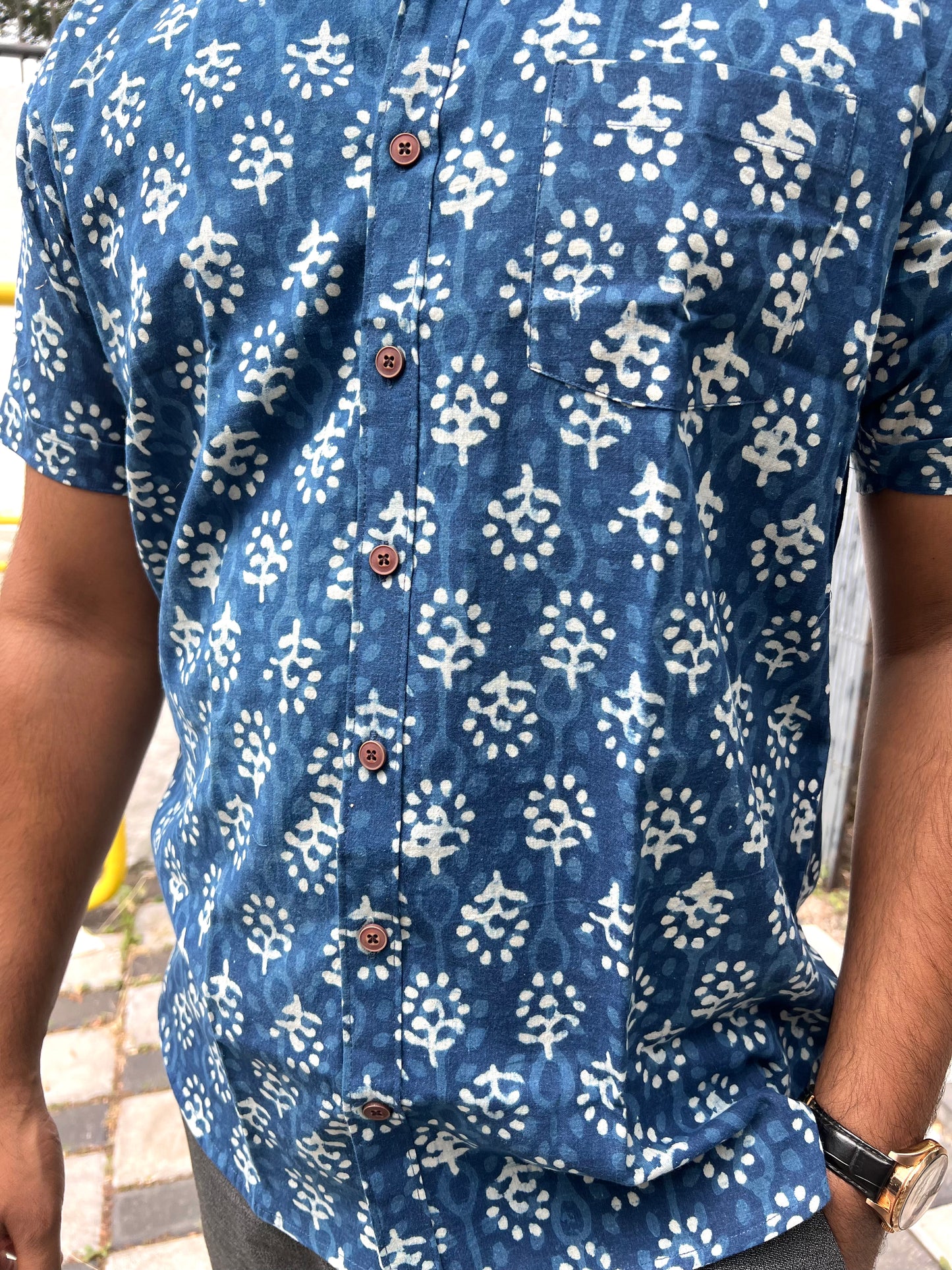 Southloom Jaipur Cotton Blue Hand Block Printed Shirt (Half Sleeves)