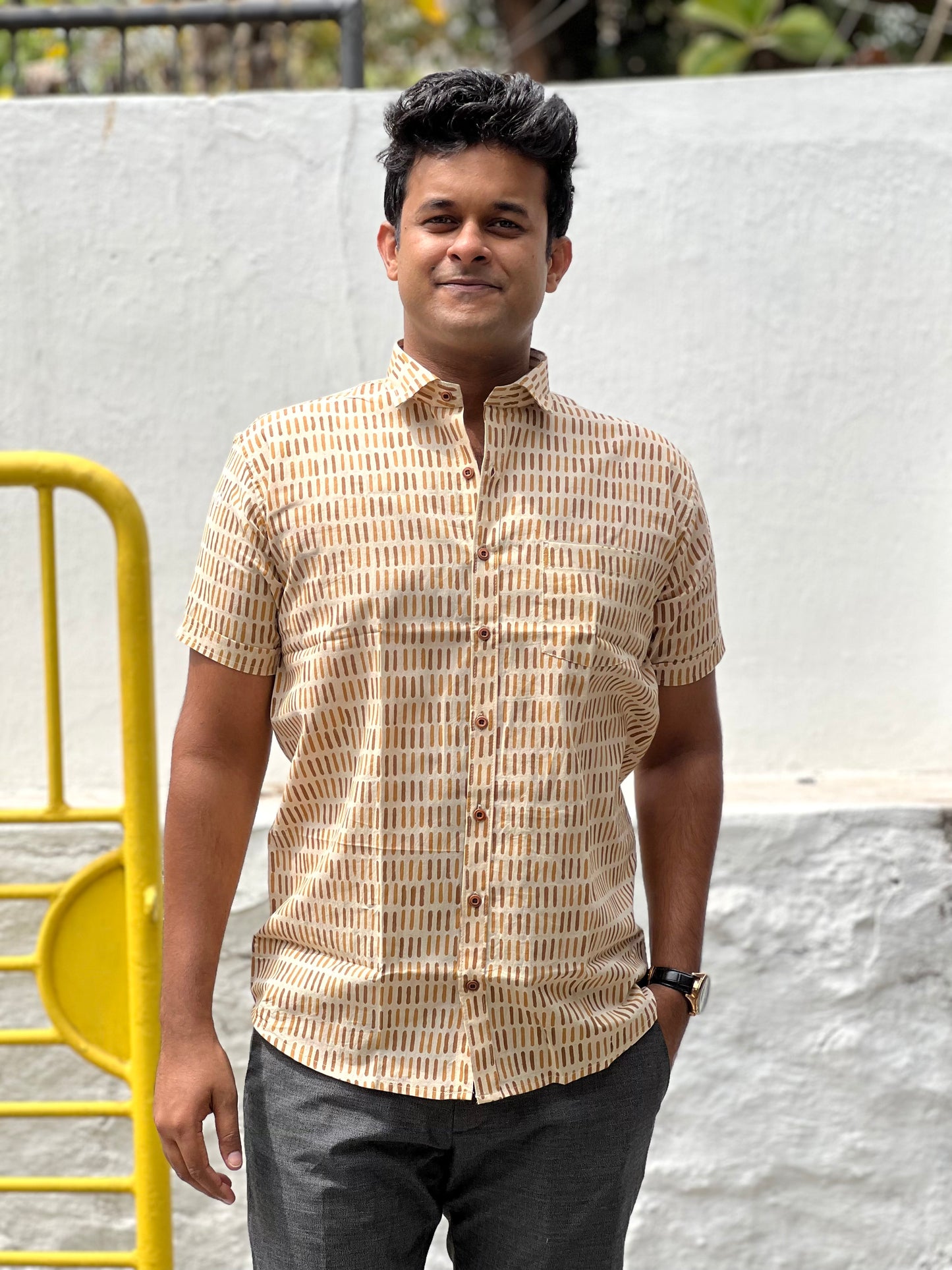 Southloom Jaipur Cotton Beige Hand Block Printed Shirt (Half Sleeves)