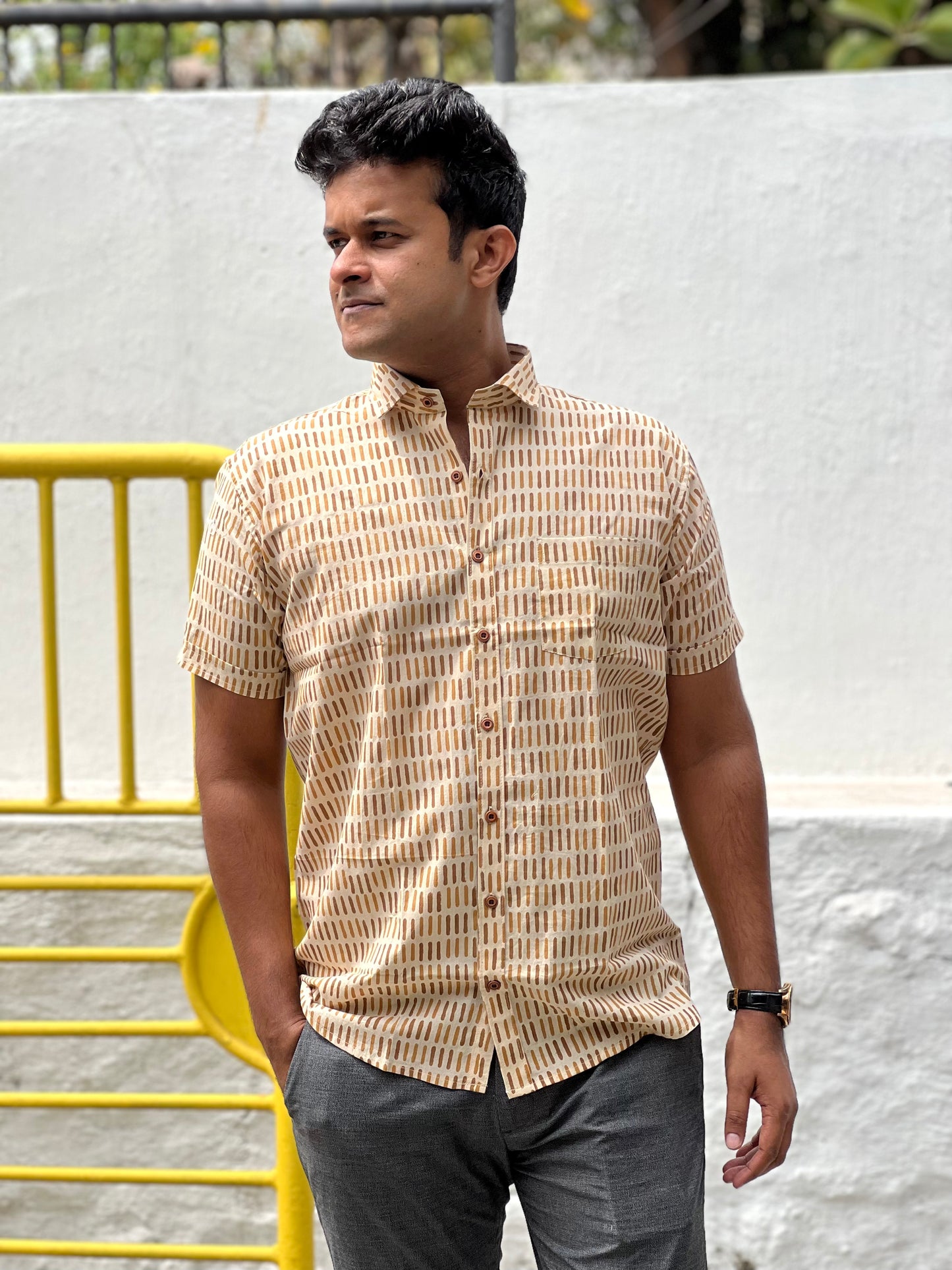 Southloom Jaipur Cotton Beige Hand Block Printed Shirt (Half Sleeves)