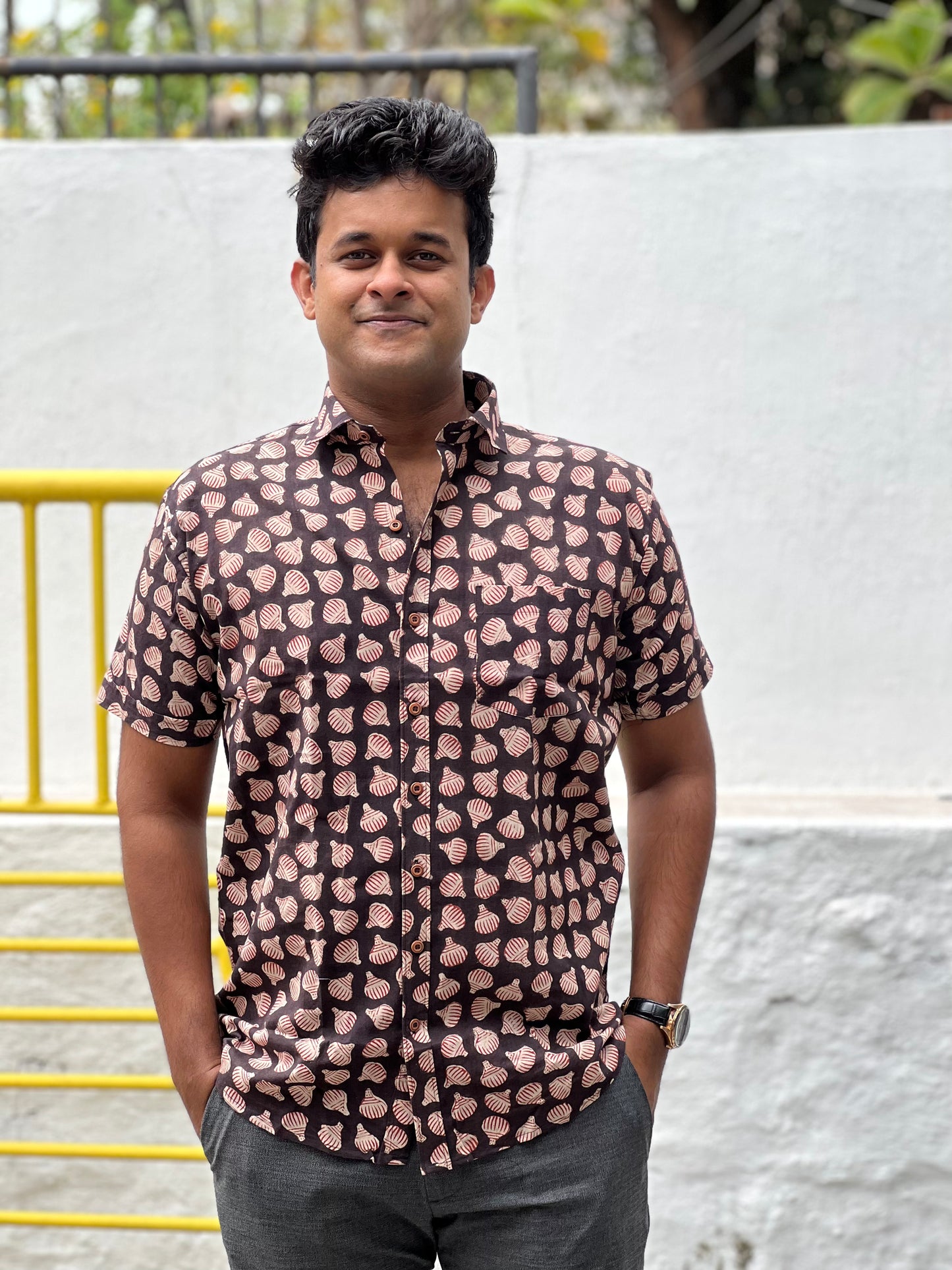 Southloom Jaipur Cotton Brown Hand Block Printed Shirt (Half Sleeves)