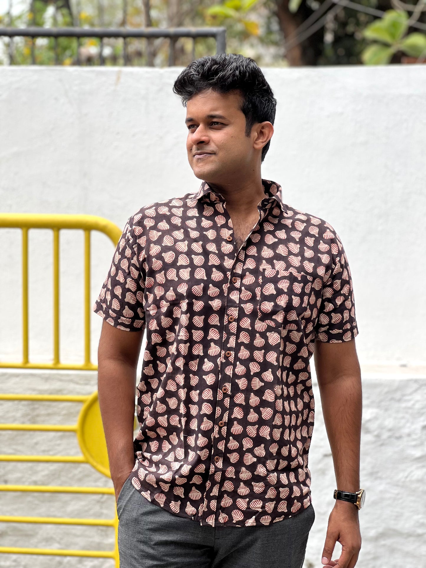 Southloom Jaipur Cotton Brown Hand Block Printed Shirt (Half Sleeves)