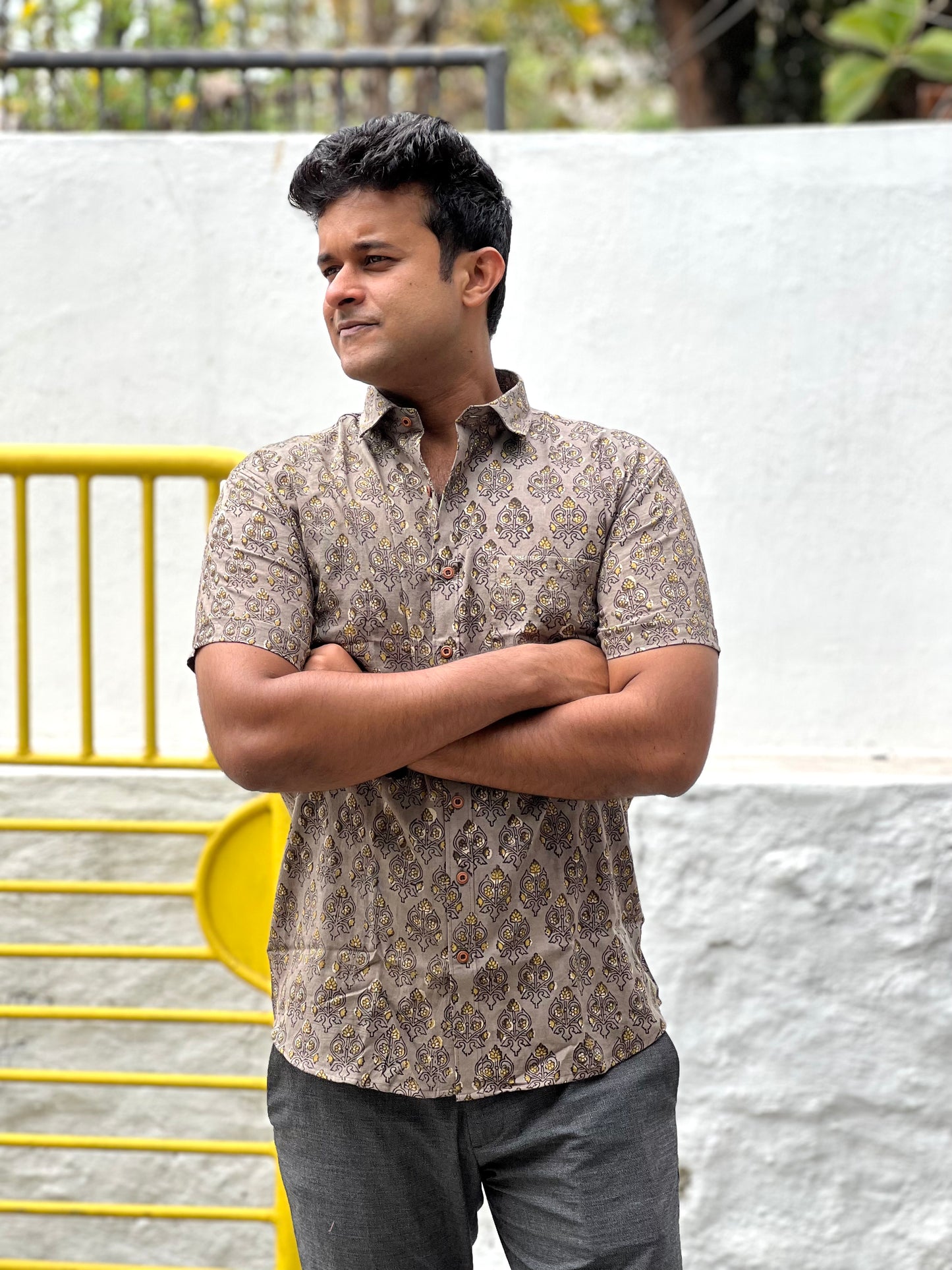 Southloom Jaipur Cotton Dark Grey Hand Block Printed Shirt (Half Sleeves)