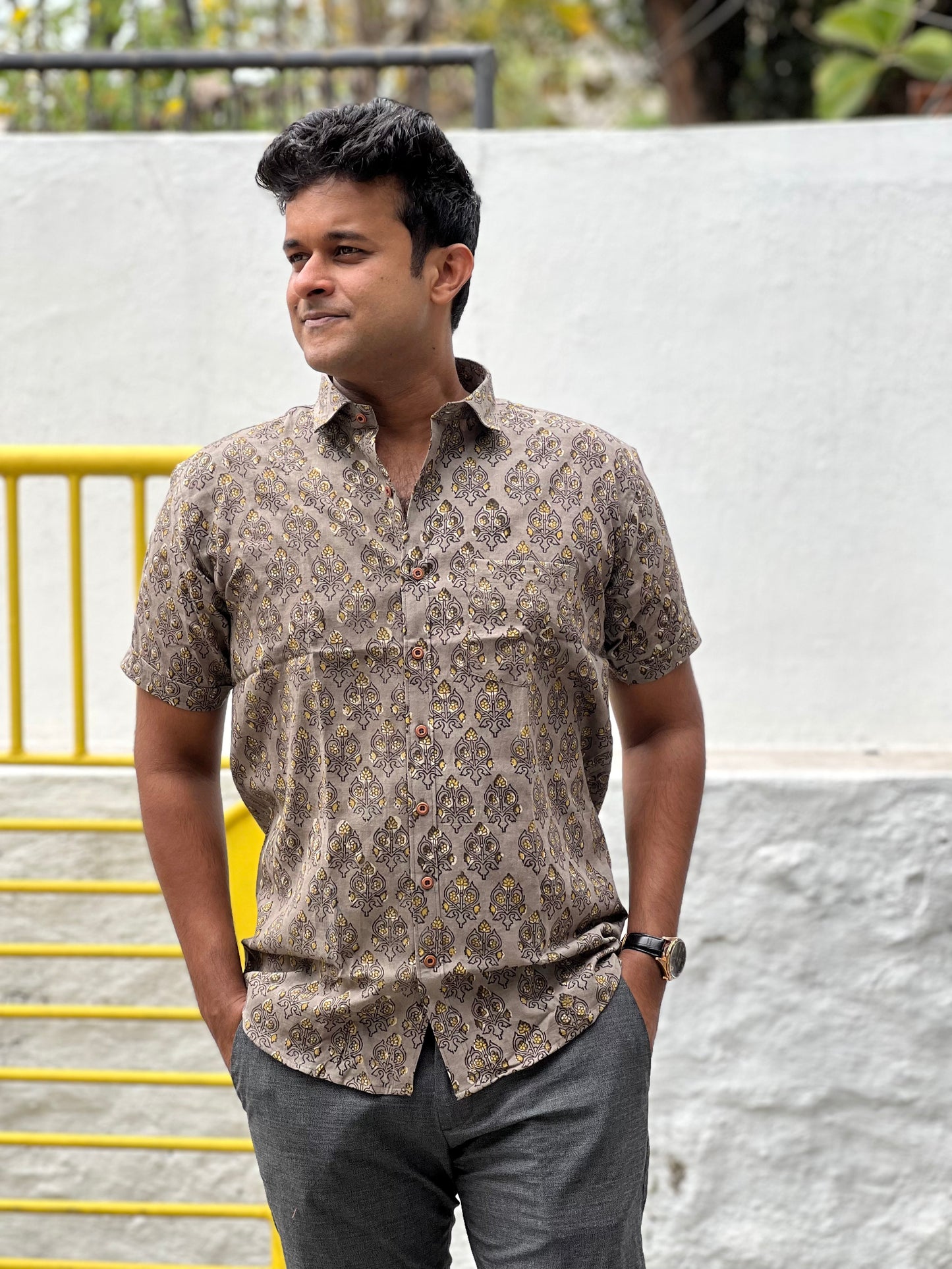 Southloom Jaipur Cotton Dark Grey Hand Block Printed Shirt (Half Sleeves)