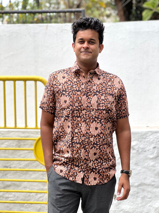 Southloom Jaipur Cotton Black Hand Block Floral Printed Shirt (Half Sleeves)