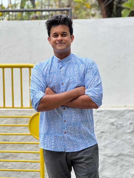 Southloom Jaipur Cotton White and Blue Hand Block Printed Shirt (Full Sleeves)