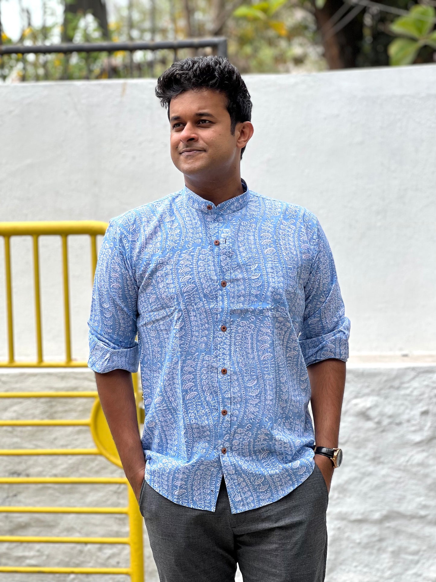 Southloom Jaipur Cotton White and Blue Hand Block Printed Shirt (Full Sleeves)