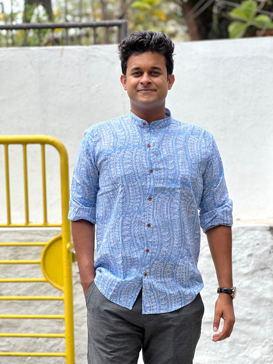 Southloom Jaipur Cotton White and Blue Hand Block Printed Shirt (Full Sleeves)