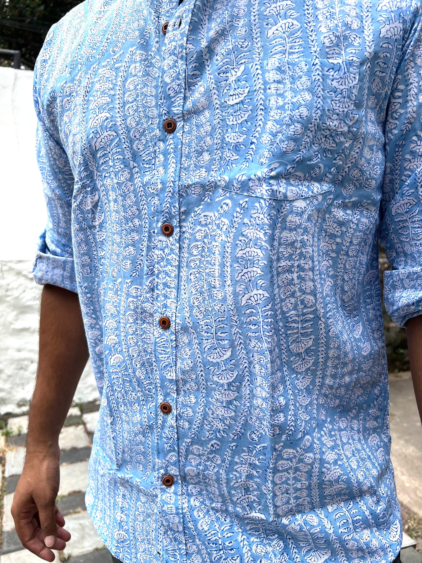 Southloom Jaipur Cotton White and Blue Hand Block Printed Shirt (Full Sleeves)
