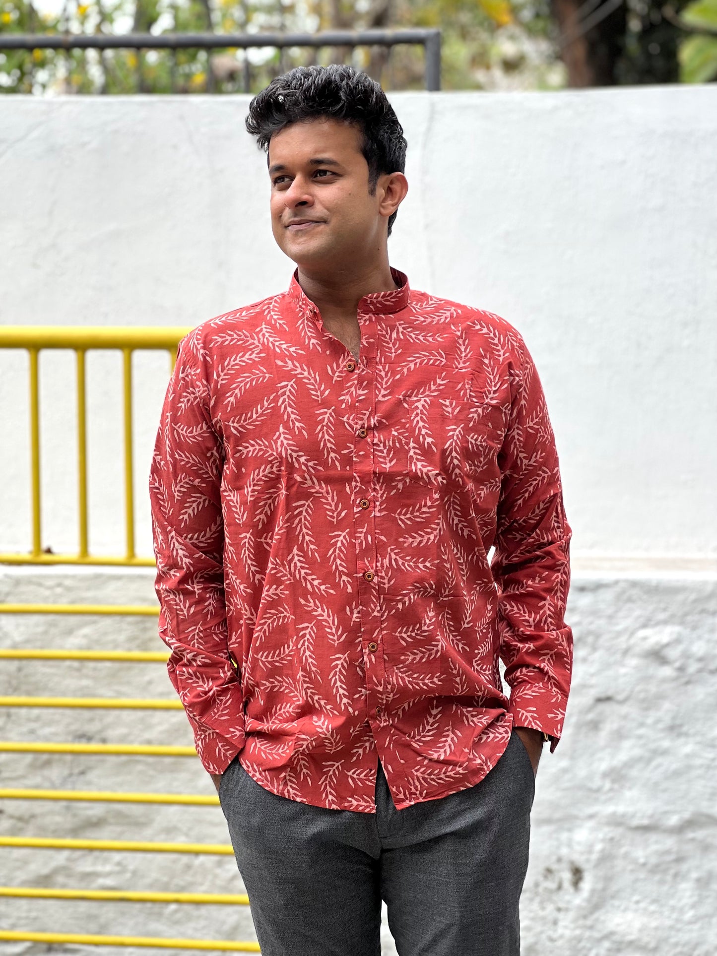 Southloom Jaipur Cotton White Hand Block Printed Red Shirt (Full Sleeves)