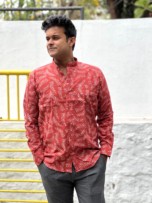 Southloom Jaipur Cotton White Hand Block Printed Red Shirt (Full Sleeves)