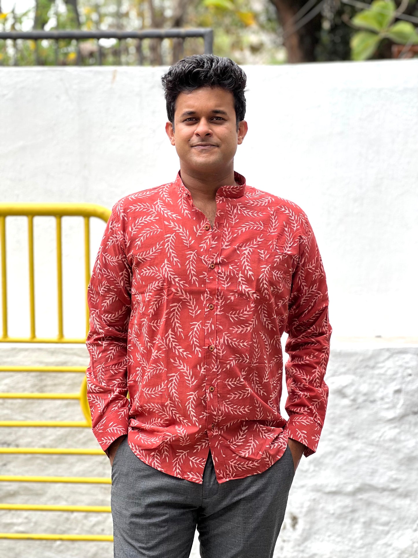 Southloom Jaipur Cotton White Hand Block Printed Red Shirt (Full Sleeves)