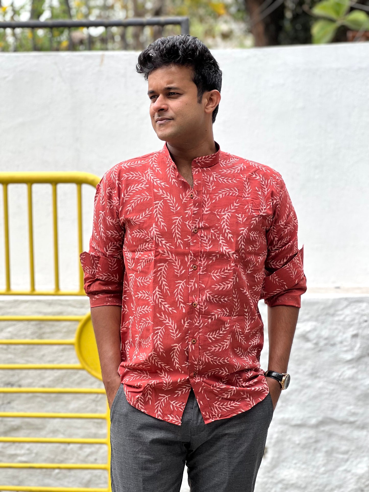 Southloom Jaipur Cotton White Hand Block Printed Red Shirt (Full Sleeves)