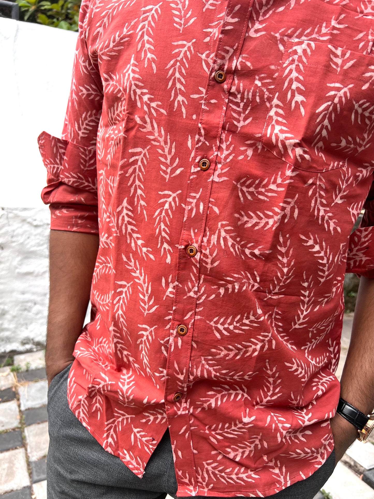 Southloom Jaipur Cotton White Hand Block Printed Red Shirt (Full Sleeves)