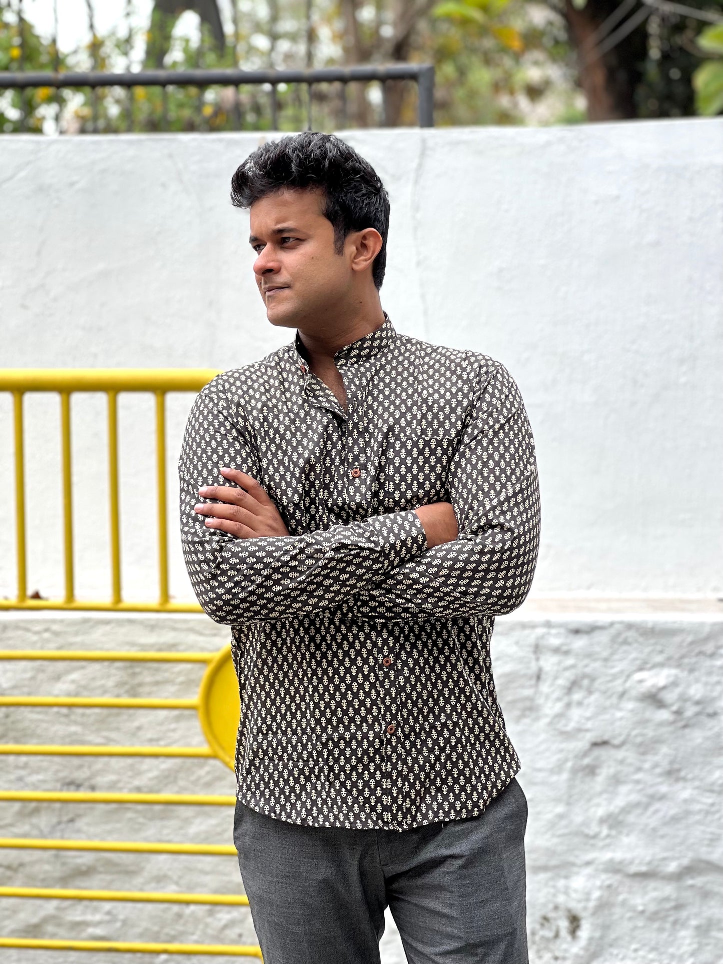 Southloom Jaipur Cotton White Hand Block Printed Black Shirt (Full Sleeves)