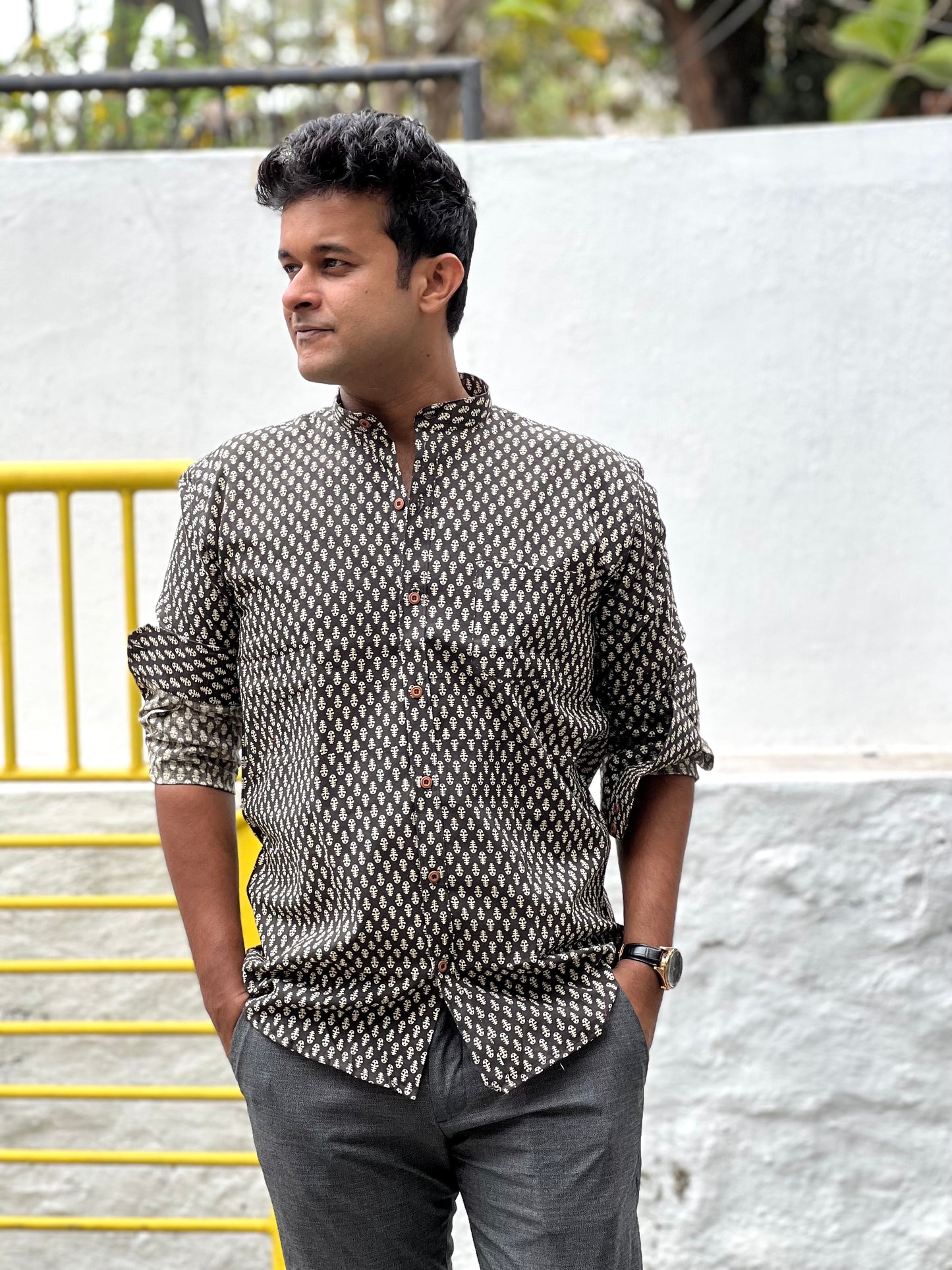 Southloom Jaipur Cotton White Hand Block Printed Black Shirt (Full Sleeves)