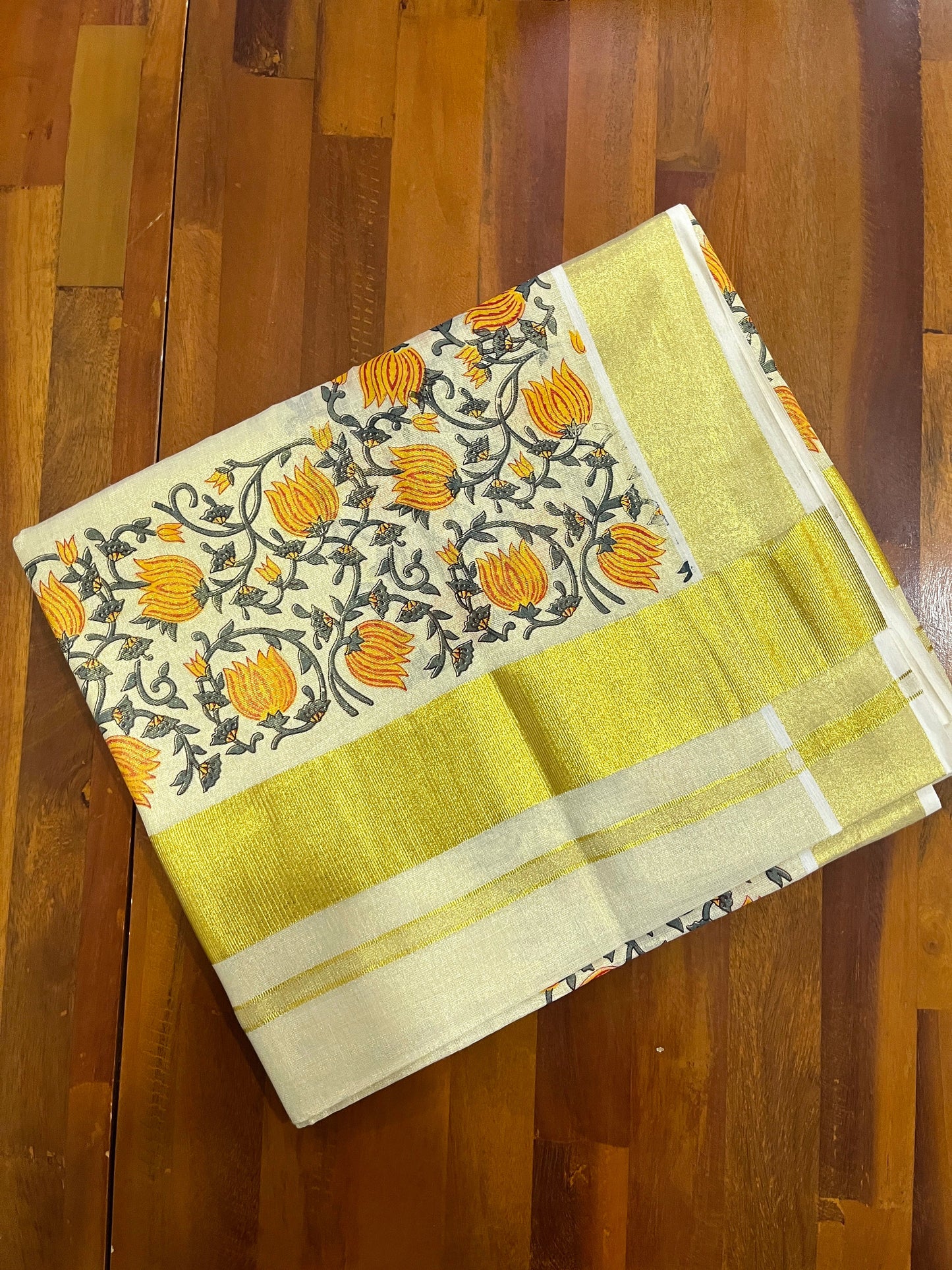 Southloom Jaipur Artisans & Kerala Weavers Collab Tissue Kasavu Saree