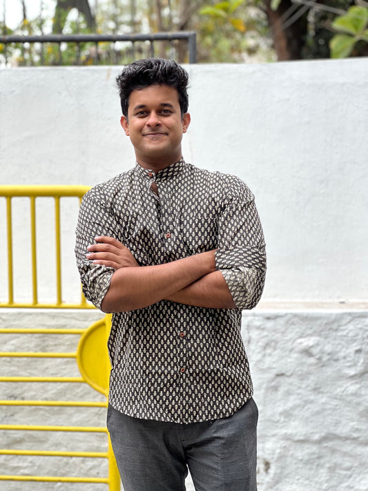 Southloom Jaipur Cotton White Hand Block Printed Black Shirt (Full Sleeves)