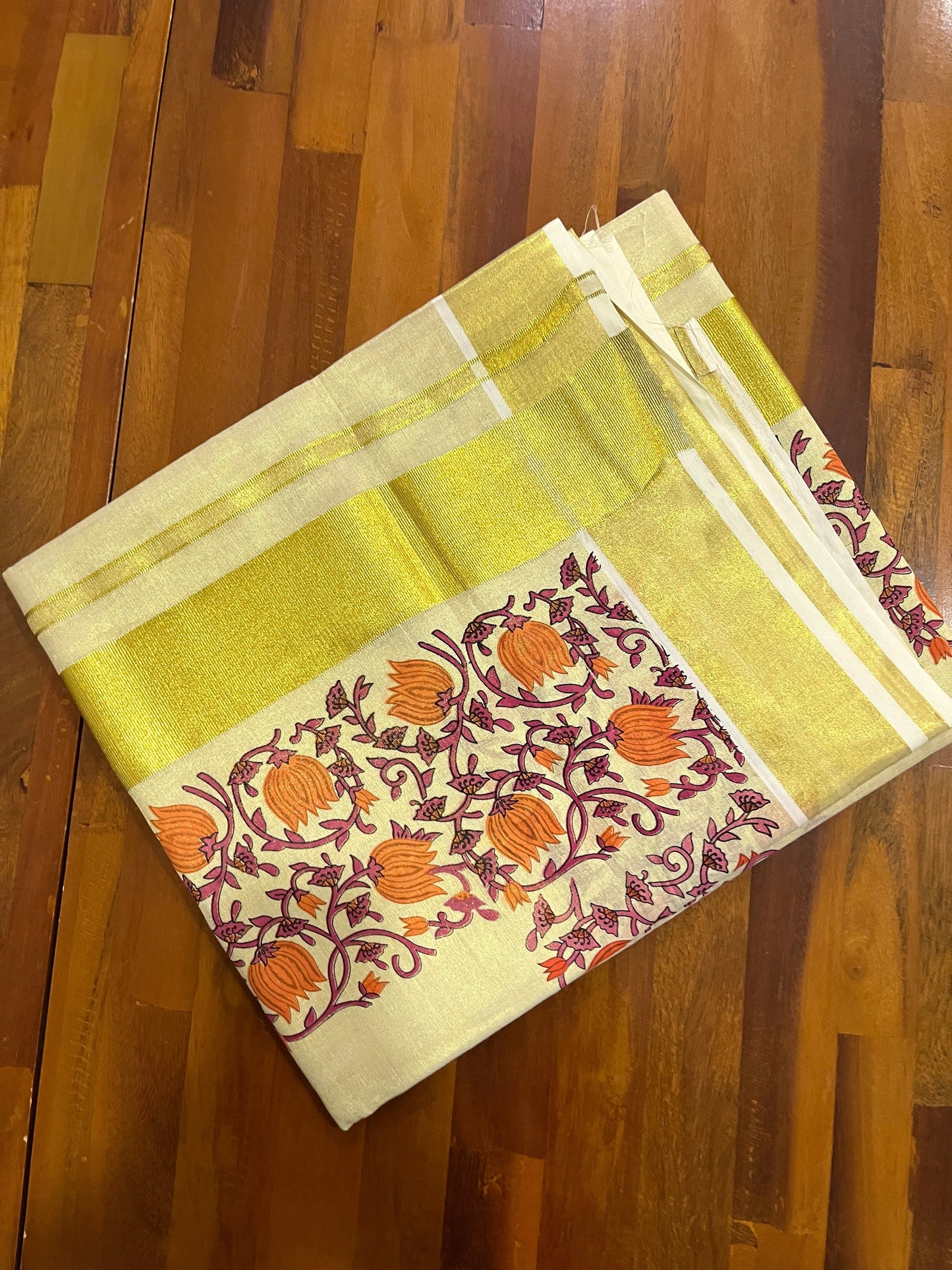 Southloom Jaipur Artisans & Kerala Weavers Collab Tissue Kasavu Saree