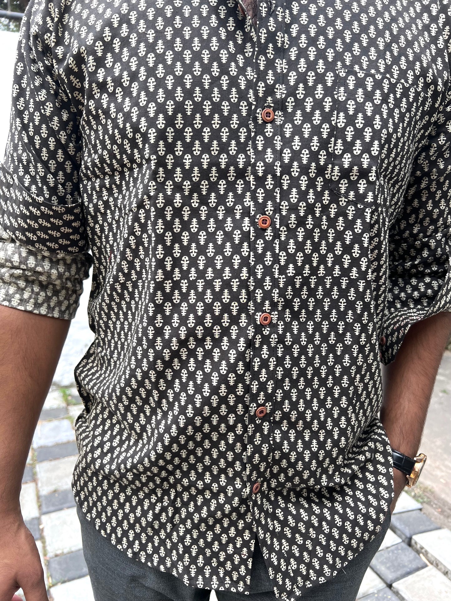 Southloom Jaipur Cotton White Hand Block Printed Black Shirt (Full Sleeves)