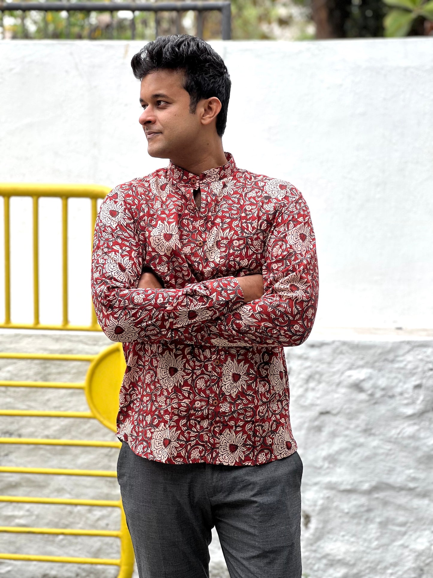 Southloom Jaipur Cotton Maroon Floral Hand Block Printed Shirt (Full Sleeves)