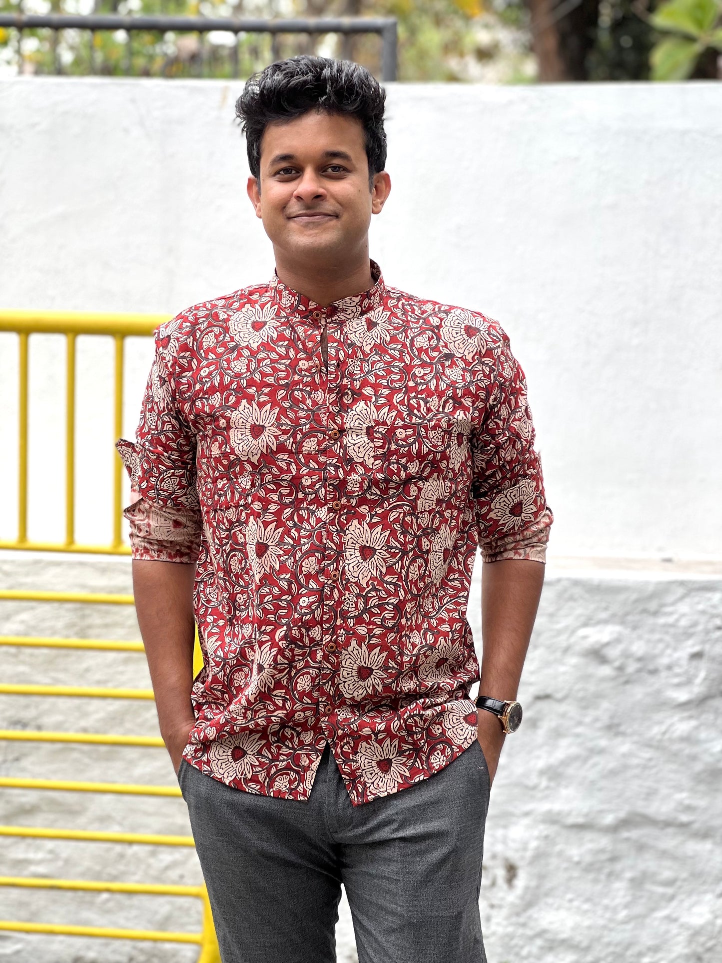 Southloom Jaipur Cotton Maroon Floral Hand Block Printed Shirt (Full Sleeves)