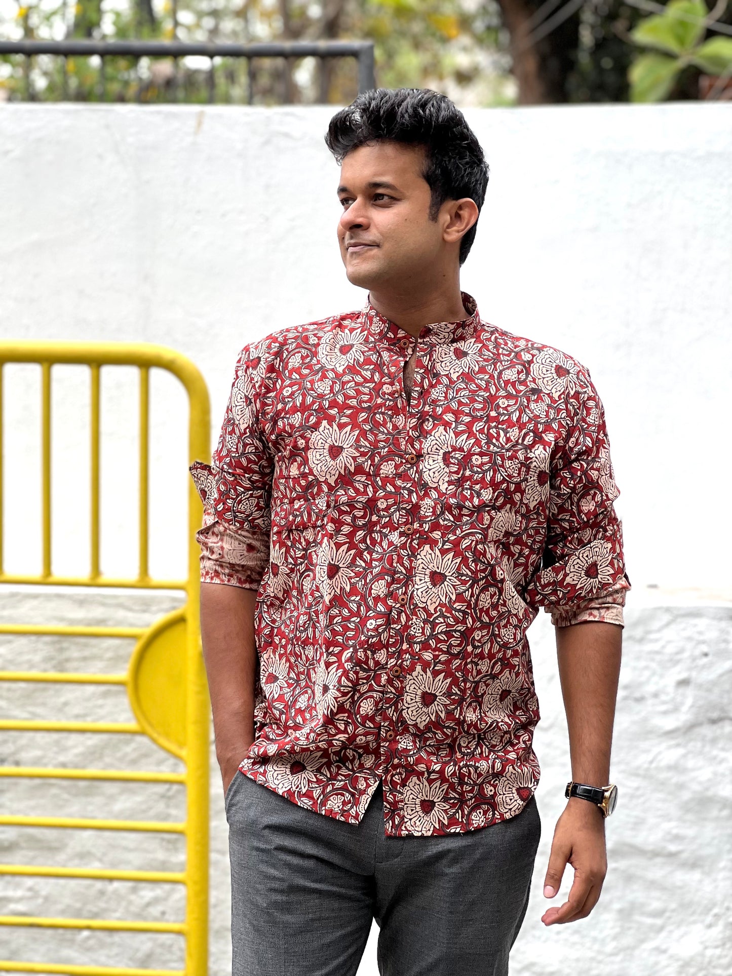 Southloom Jaipur Cotton Maroon Floral Hand Block Printed Shirt (Full Sleeves)