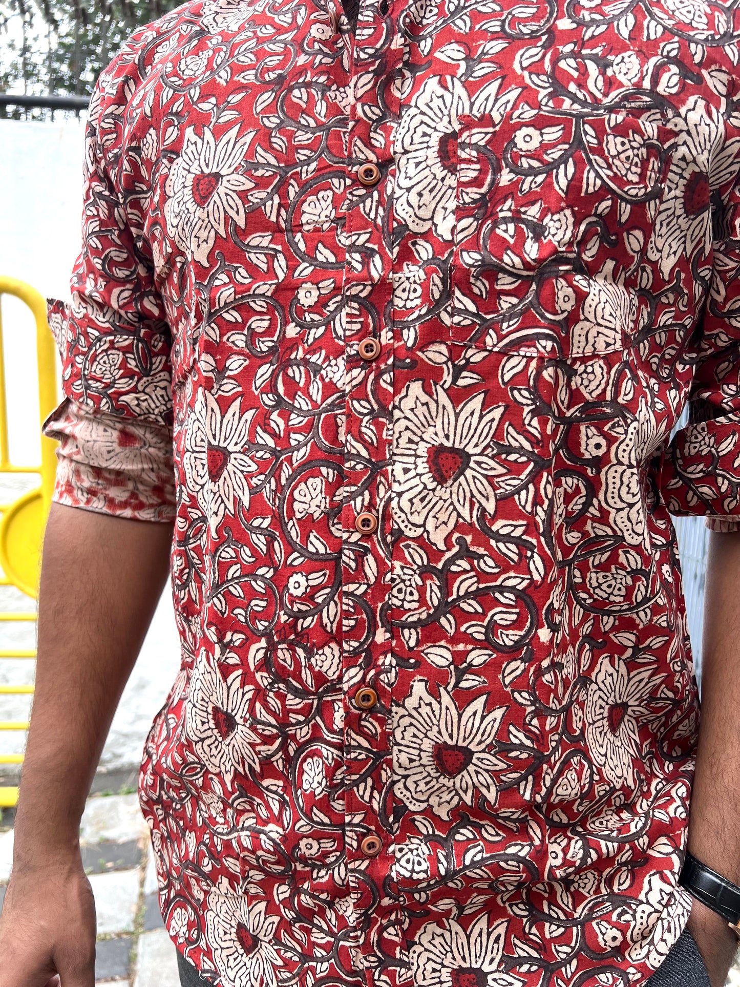 Southloom Jaipur Cotton Maroon Floral Hand Block Printed Shirt (Full Sleeves)