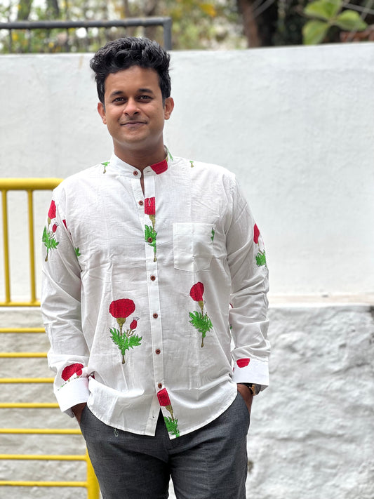Southloom Jaipur Cotton Floral Hand Block Printed White Shirt (Full Sleeves)