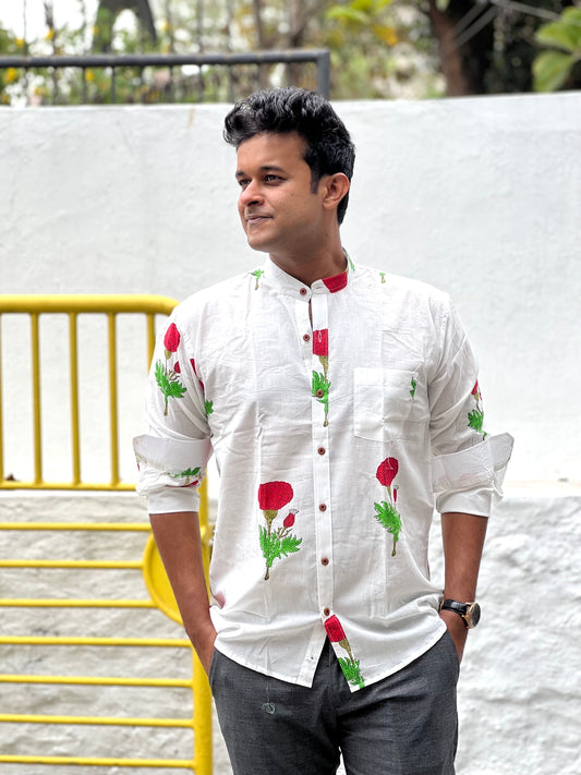 Southloom Jaipur Cotton Floral Hand Block Printed White Shirt (Full Sleeves)