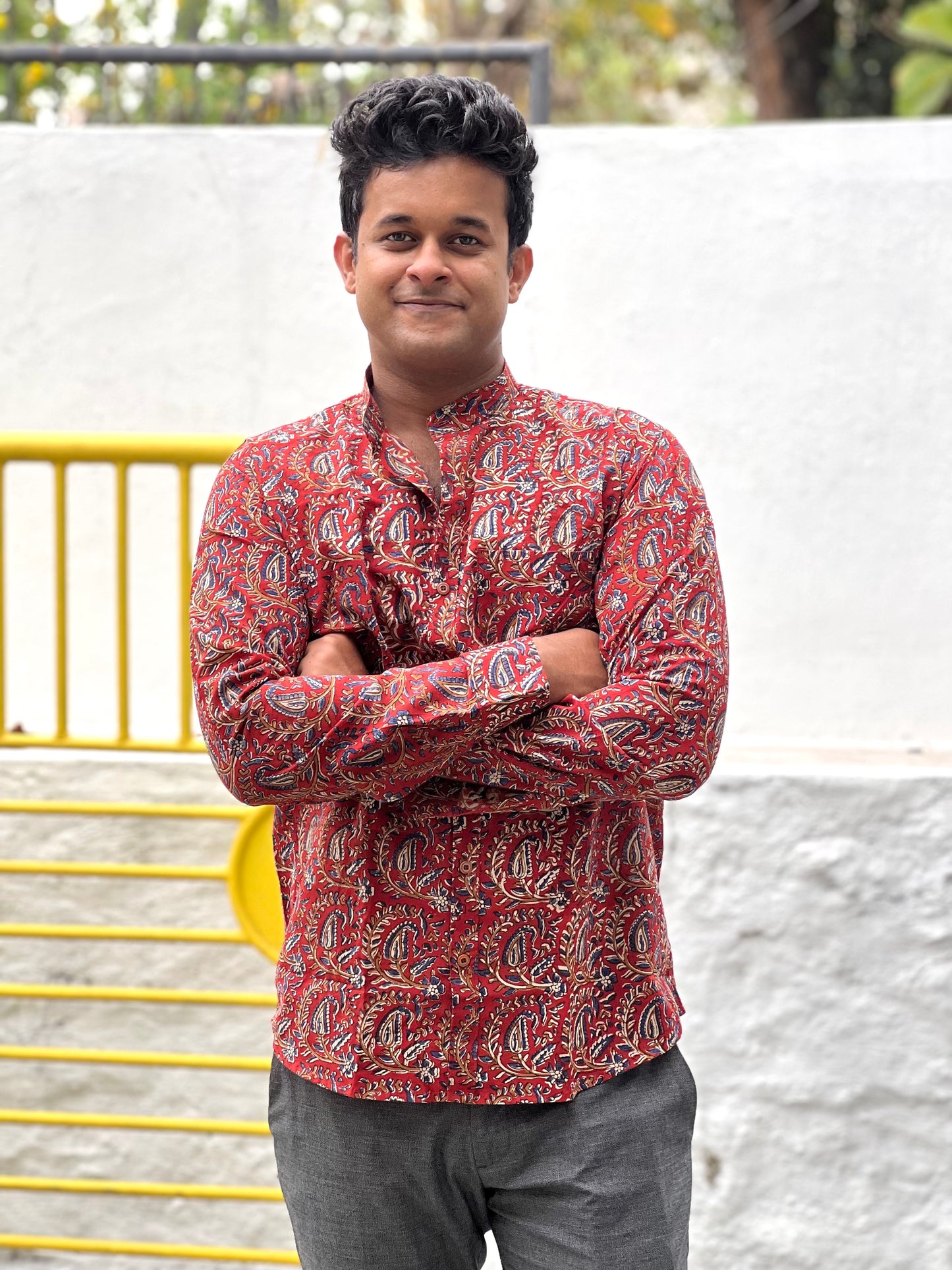 Southloom Jaipur Cotton Red Floral Hand Block Printed Shirt (Full Sleeves)